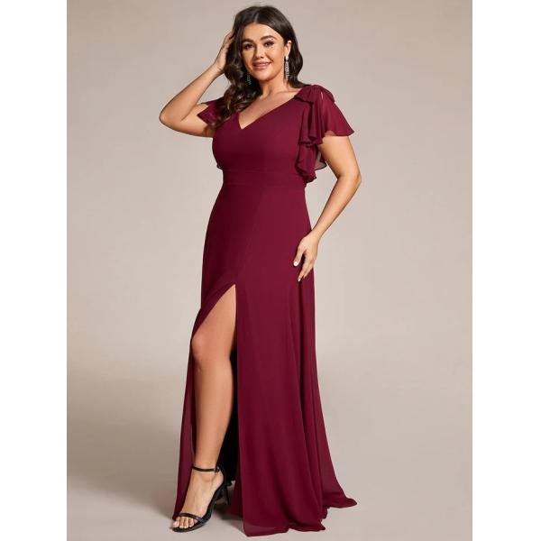 Empire Plus Size Zipper V-neck High Split A-line Short Sleeve Burgundy Chiffon Prom Dress