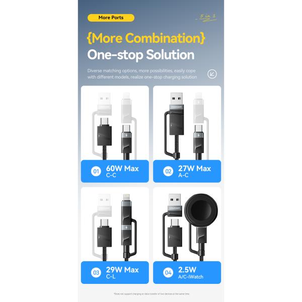 ESSAGER ES-X71 5 in 1 QC PD USB A/C to USB C/L Smart Watch Charging Data Cable