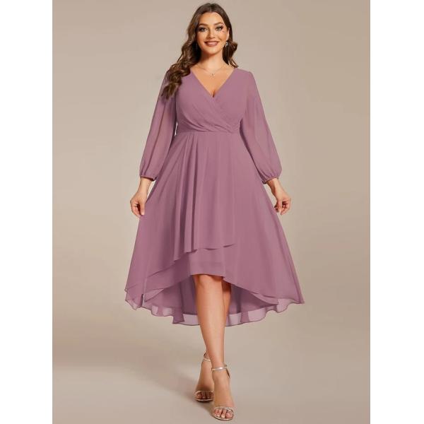 Plus Size Ruffled A-line Long Sleeve V-neck High Low Wedding Guest Navy Blue Chiffon Bridesmaid Dress
