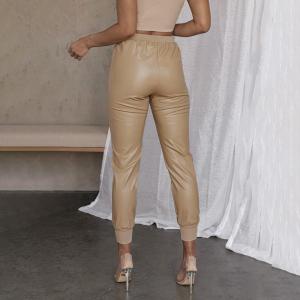 Slim Women's High Waisted Leather Pants Temperament Ribbing Splicing