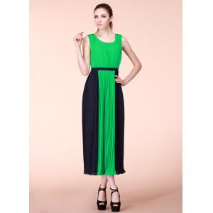 Contract Pleated Ankle Maxi Dress , Yellow Long Scoop A-line