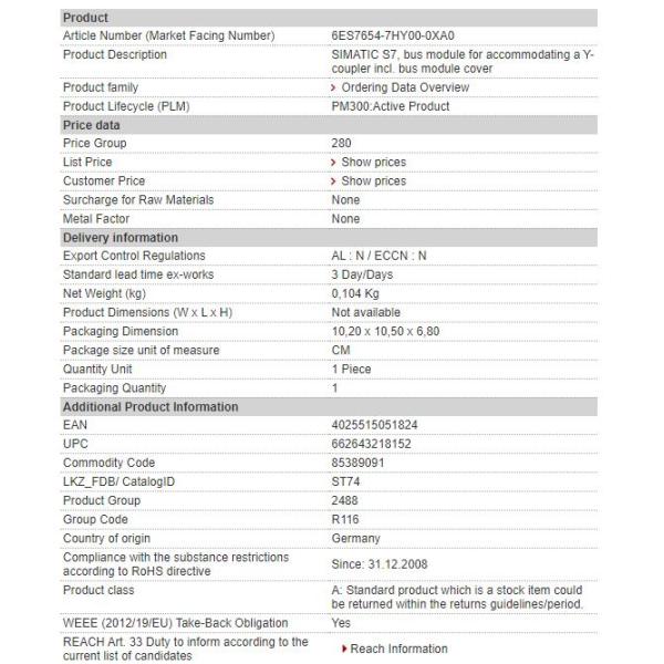 6ES7654-7HY00-0XA0 6ES7 654-7HY00-0XA0 Siemens Bus Module