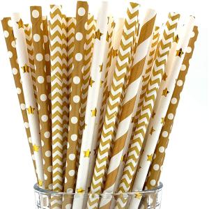 No Plastic Party Drinking Bendable Gold Striped Paper Straws