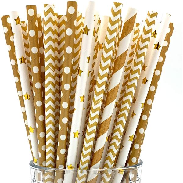 Buy No Plastic Party Drinking Bendable Gold Striped Paper Straws at wholesale prices