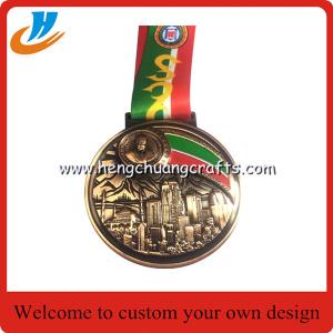 Half Marathon run medal with color filled, carved metal medallions with