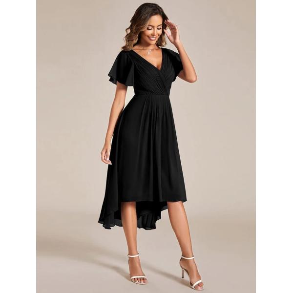 Chic V-neck High-low Short Flutter Sleeves A-line Ruffles Midi Invisible Zipper Black Chiffon Graduation Dress