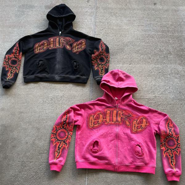 Custom Hiphop Streetwear Vintage Acid Wash Hoodies French Terry Zip up Hoodies Screen Printing Rhinestone Men's Cropped Hoodie