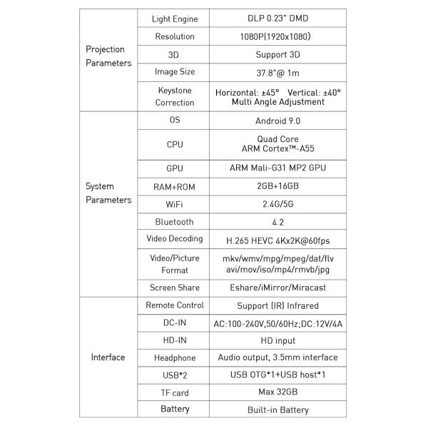 Flyin P12 1080P Max 4K Mini Projector 9000mAh Battery Outdoor Video 400 ANSI Lumens Android 9 2GB/16GB DLP Link 3D Proyector