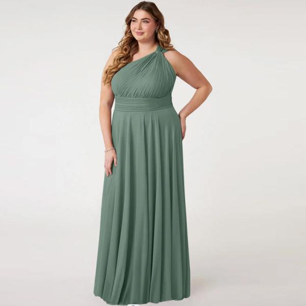 Hot Sale Custom-made Plus Size A-Line One-Shoulder Floor-Length Green Chiffon Bridesmaid Dress Evening Princess