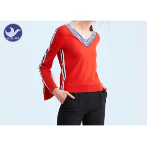 China Stripes V Neck Pullover Sweater Women's , Long Sleeve Knit Sweater Raw Roll Edge Slit Cuff Jumper on sale