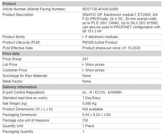 6ES7138-4FA05-0AB0 6ES7 138-4FA05-0AB0 Siemens Digital Input Module