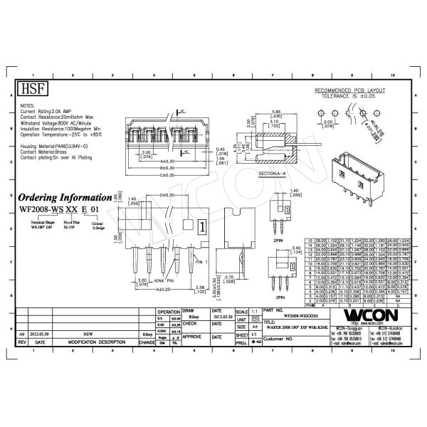 2.0mm Single Wire To Board Wafer Connector Straight With Kink Computer Power Connectors
