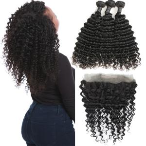 China Real Transparent 360 Lace Frontal Closure 3 Bundles Deep Wave No Tangle on sale