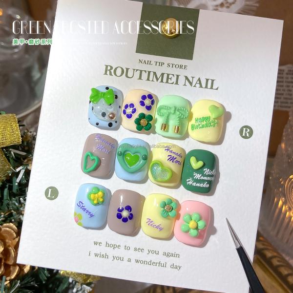 2023 new Nail charms green color frosted heart bow flowers 3d nail art summer jewelry for nail salon