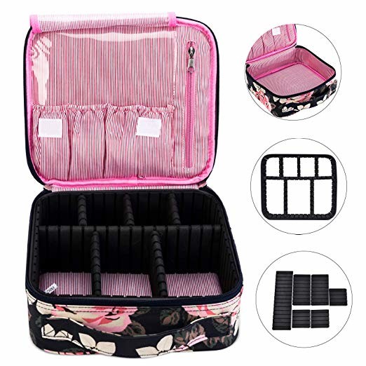 Women Nylon Cute Cosmetic Organizer Bag With Make Up Tools Toiletry Peony Printed