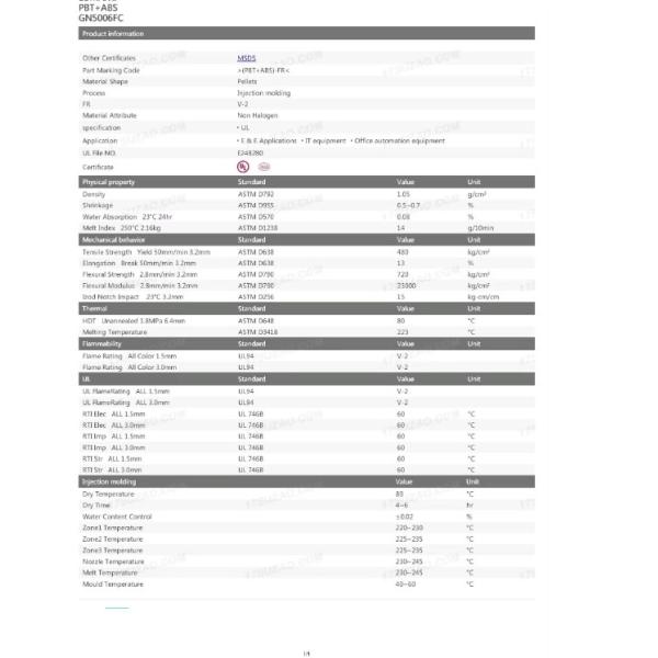 Hot sale PBT/ABS GN-5006FC halogen-free flame retardant grade natural alloy plastic