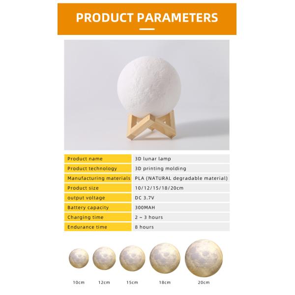 3D Lunar Moon LED Atmosphere Lamp 6000K DC 3.7V 10cm 12cm 15cm 18cm 20cm