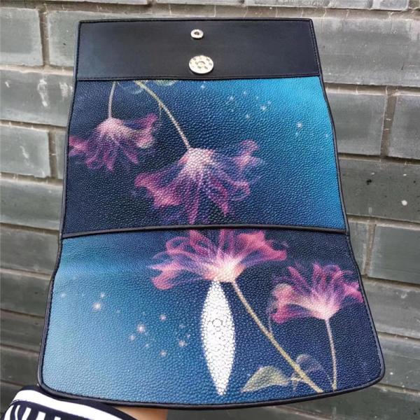 Authentic Stingray Skin Female Long Flower Trifold Wallet Genuine Leather Lady Large Clutch Purse Women's Card Holders