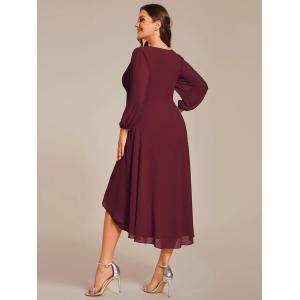 Elegant Empire Long Sleeve V-neck High Low A-line Ruffled Midi Burgundy Chiffon