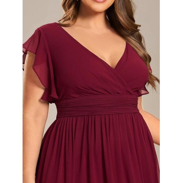 Empire Plus Size V-neck Open Back Ruffled A-line Cap Sleeves Burgundy Chiffon Party Dress