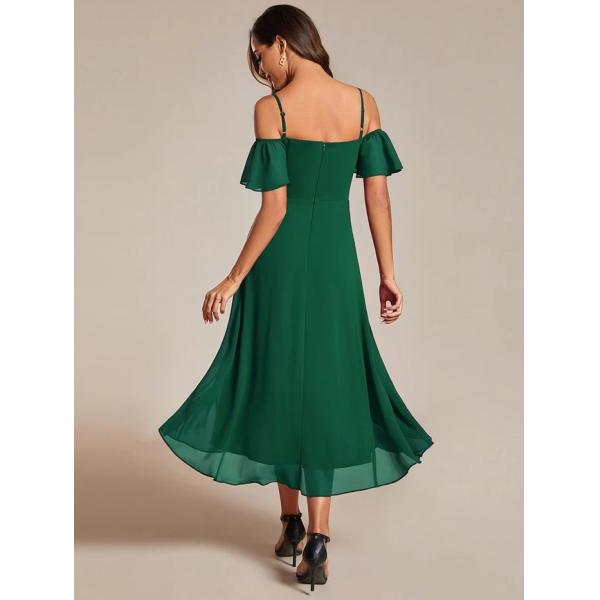 Empire Off-shoulder Spaghetti Strap Zipper High-low Wedding Guest Short Sleeves Dark Green Chiffon Homecoming Dress