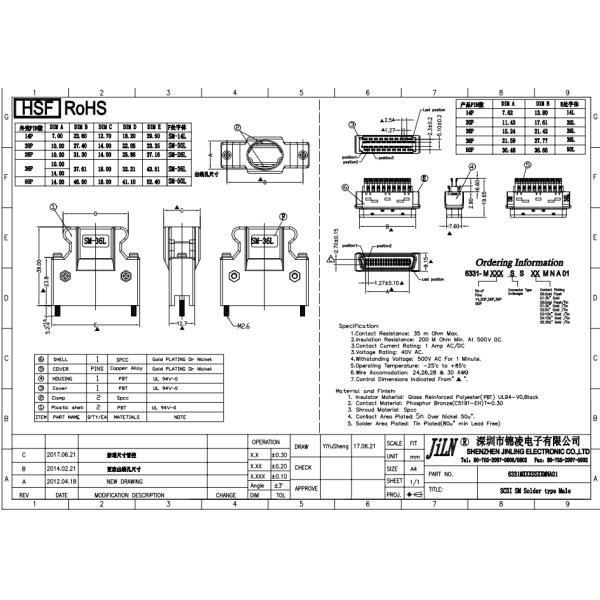 3M Male Straight 50 Pin SCSI Connector 2.54mm Pitch Solder Type Cable Mount