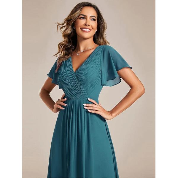 Chic V-neck High-low Short Flutter Sleeves A-line Ruffles Midi Invisible Zipper Teal Chiffon Wedding Bridesmaid Dress