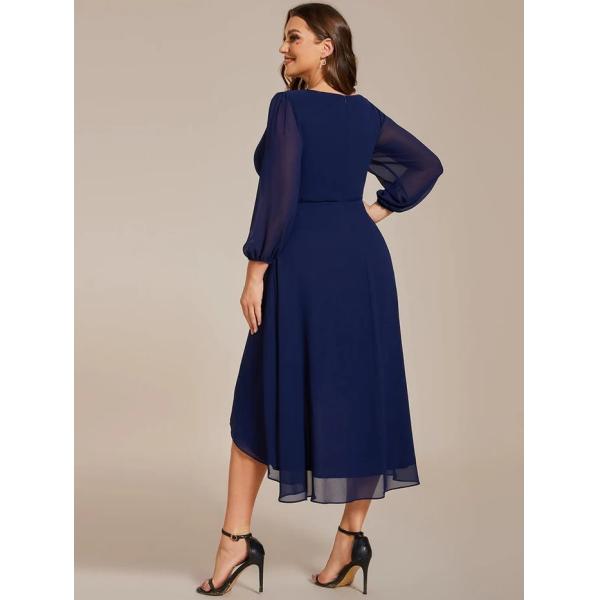 Elegant Empire Long Sleeve V-neck High Low A-line Ruffled Midi Navy Blue Chiffon Wedding Guest Evening Dress