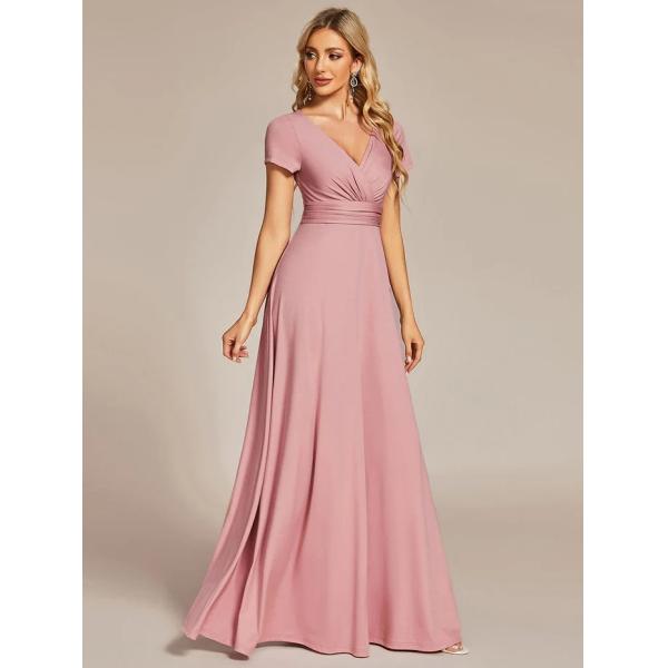 Sexy Custom Size V-neck Simple Pleated Empire Waist A-line Short Sleeve Dusty Rose Satin Evening Dress