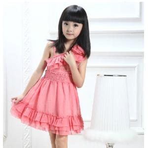 Summer Little Girls Party Dress , One Shoulder 100% Polyester Pink