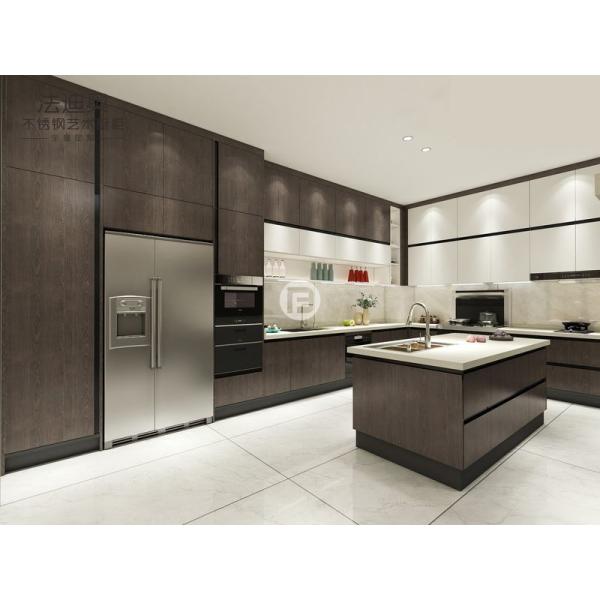 Modern Dark Wood Texture Stainless Steel Kitchen Cabinets With Contrasting