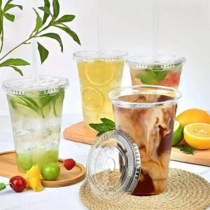 Disposable Plastic PET Cups with Lids Smoothie Milk Shake Cups Clear Disposable