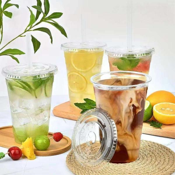 Disposable Plastic PET Cups with Lids Smoothie Milk Shake Cups Clear Disposable