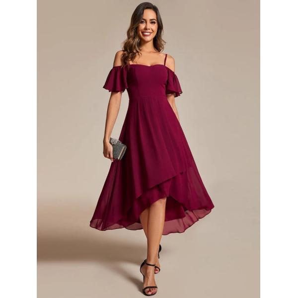 Empire Off-shoulder Spaghetti Strap Zipper High-low Wedding Guest Dresses Short Sleeves Burgundy Chiffon Evening Dress