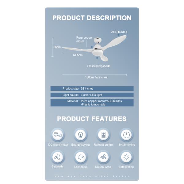 Home Office 52 Inches White Ceiling Fan with LED Light and Remote in Mulit Colors