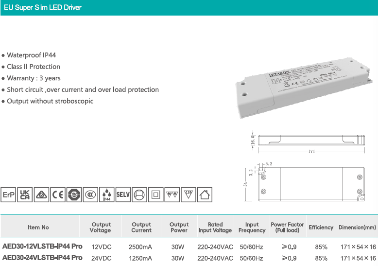 IP44 Flicker Free 30W EU Slim Letaron LED Driver