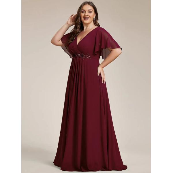 Sexy Empire Applique A-line Short Flutter Sleeves V-neck Invisible Zipper Burgundy Chiffon Prom Dress