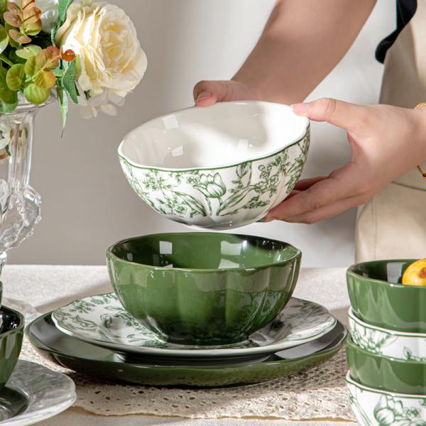 Green Floral Ceramic Plates Sets For 6 Users Exquisite Porcelain Utensils Included