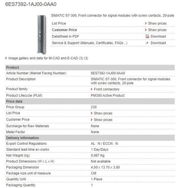6ES7392-1AJ00-0AA0 Siemens Front Connector 20-pin