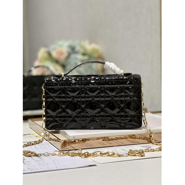 Branded Lady Dior Patent Clutch Small Pearl Black Flip Closure