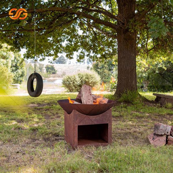 Round Outdoor Garden Wood Burning Corten Steel Fire Pit 3mm With Wood Storage