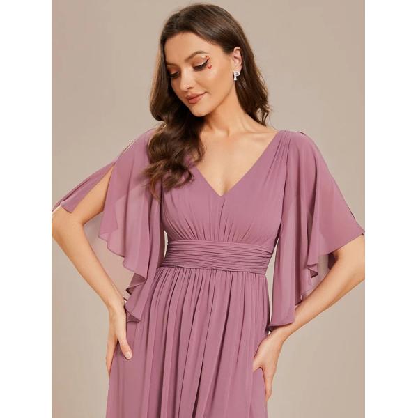 Plus Size A-line Half Sleeves V-neck Ruffled High Slit Purple Orchid Chiffon Evening Dress