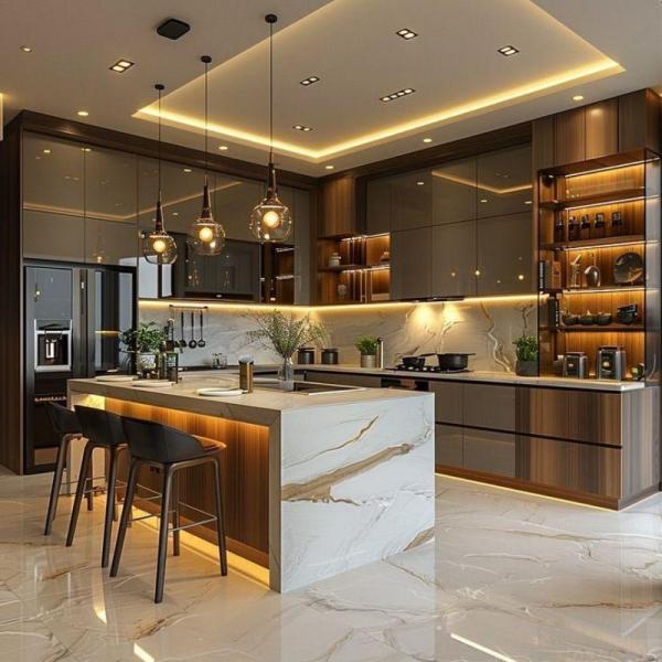 Modern Italy Lacquer Kitchen Cabinets Complete Sets - Smart Storage Units With Extravagant Stone Countertops