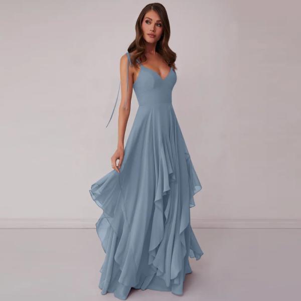 New Style V-neck Dusty Blue Chiffon Tiered A-line Bridesmaid Dress Zipper Ruffles Floor-Length Spaghetti Straps