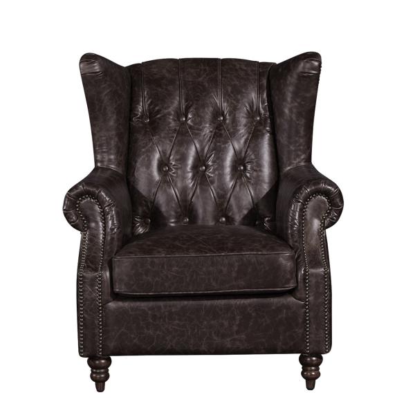 Retro Distressed Leather Winged Armchair , High Back Upholstered Chairs With