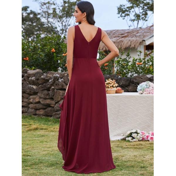 Unique High-low Ruffles V-neck Waist Pleating Two Straps Burgundy Chiffon Pleated Lotus Leaf Sleeveless Prom Dress