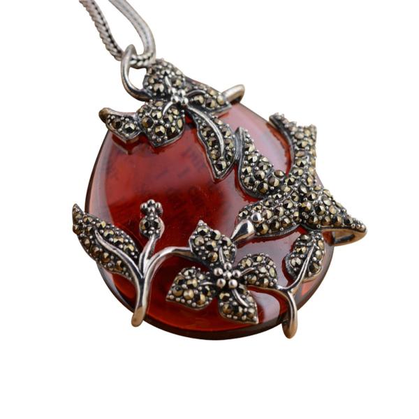 Buy Sterling Silver Vintage Red Agate Marcasite Charm Pendant Necklace (N808070) at wholesale prices