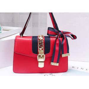 Leather Single Shoulder Bag With Lock Buckle , Slanting Bow Tie Striped Satin