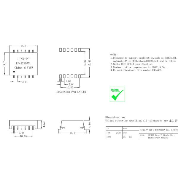 LP41229ANL 10/100 Base-T Single Port 12 Pin Lan Transformer Modules