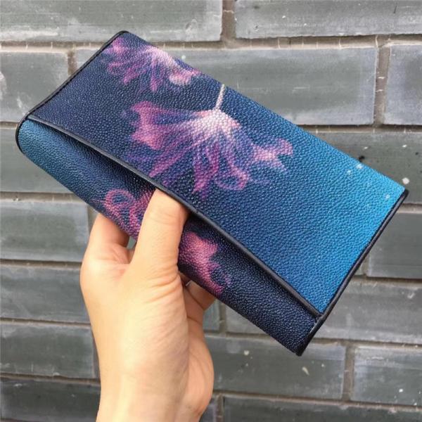Authentic Stingray Skin Female Long Flower Trifold Wallet Genuine Leather Lady Large Clutch Purse Women's Card Holders